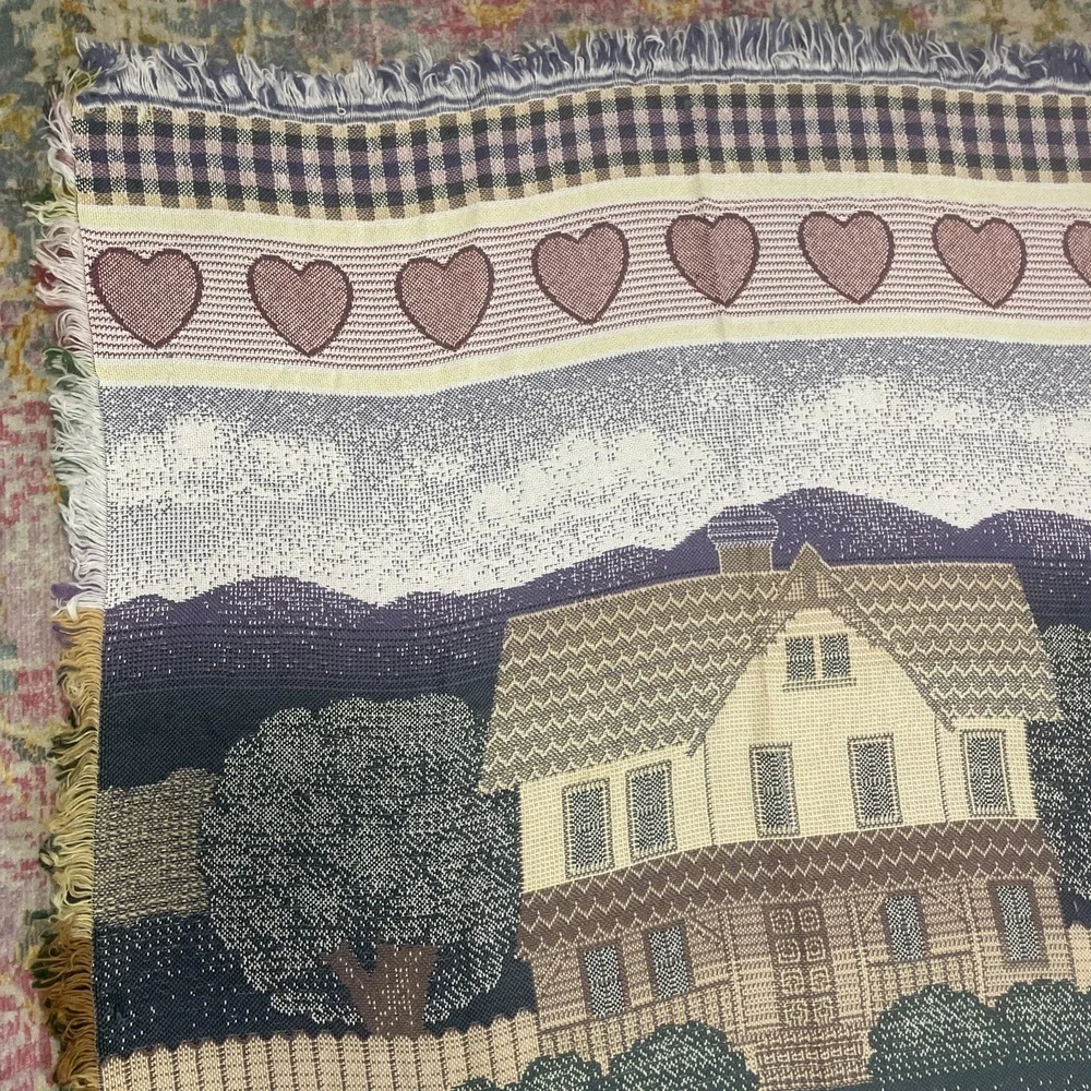 Vintage Cottage Tapestry Throw Blanket Hearts Checkered 52
